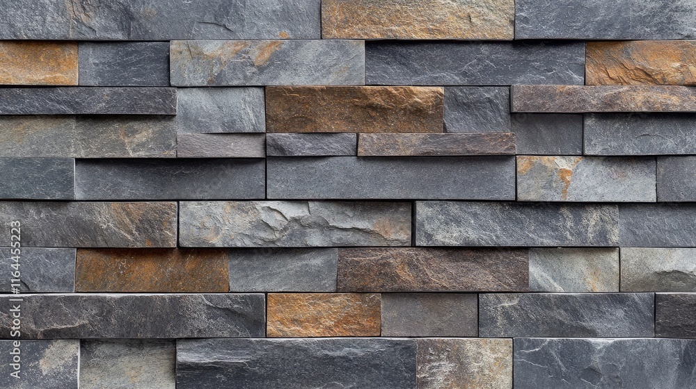 Poster close up of textured modern slate stone wall showcasing various shades and patterns for architectura