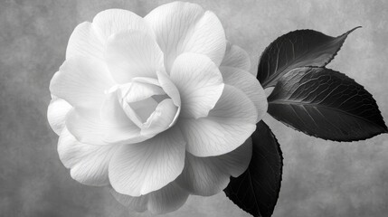 Black and white macro photograph of a delicate Camellia bloom with lush green leaves against a soft textured background