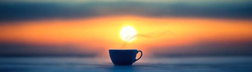 A steaming cup sits serenely against a vibrant sunrise, merging the elements of warmth and tranquility, Ideal for wellness, lifestyle blogs, or marketing coffee-related products,