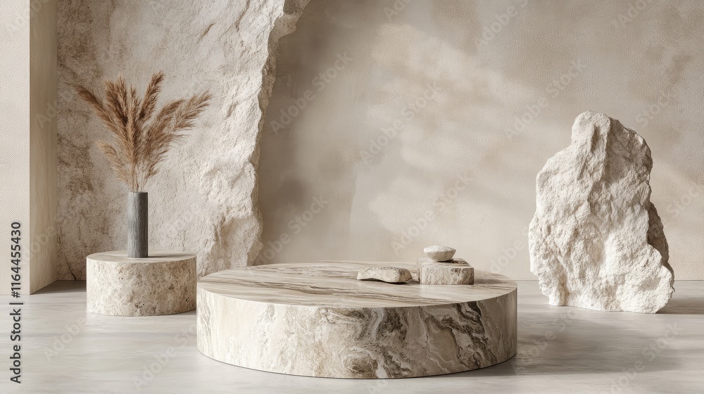 Poster minimalist beige background with round zebra stone tables natural elements and stone display for pro