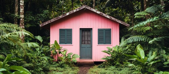 Small charming pink wooden house nestled in lush greenery ideal for a serene nature retreat and peaceful getaway in a tropical setting