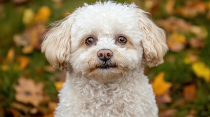 Bichon Frise portrait with expressive gaze surrounded by autumn foliage in soft natural light