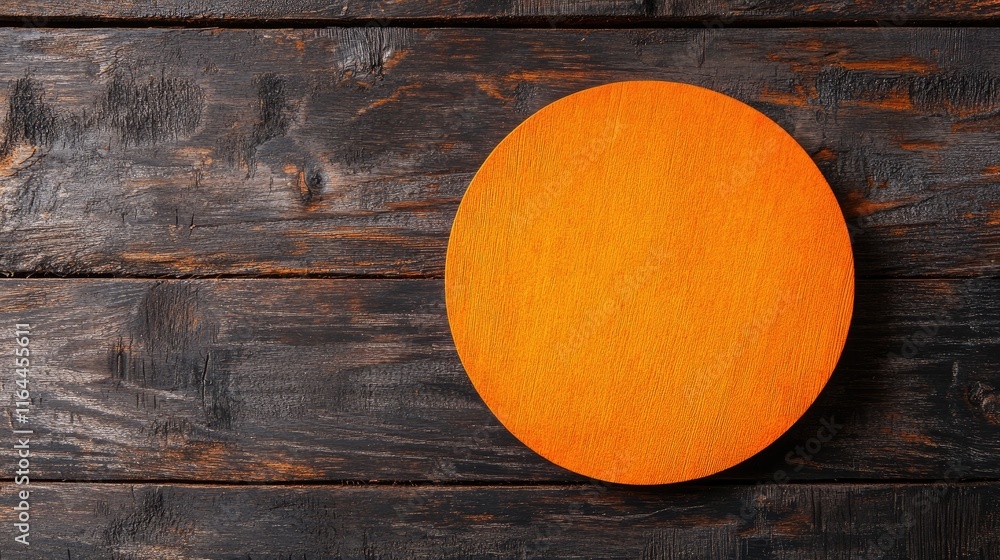 Poster orange circular object on rustic wooden background showcasing textures in an artistic flat lay arran
