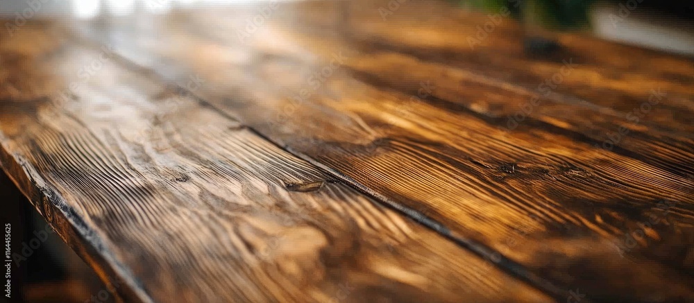 Poster rustic wooden table surface with a blurred background ideal for displaying culinary dishes or home d
