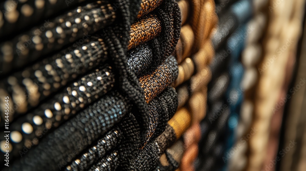 Poster Close up of vibrant textile rolls stacked in an artisan fabric workshop showcasing rich textures and colors with intricate patterns