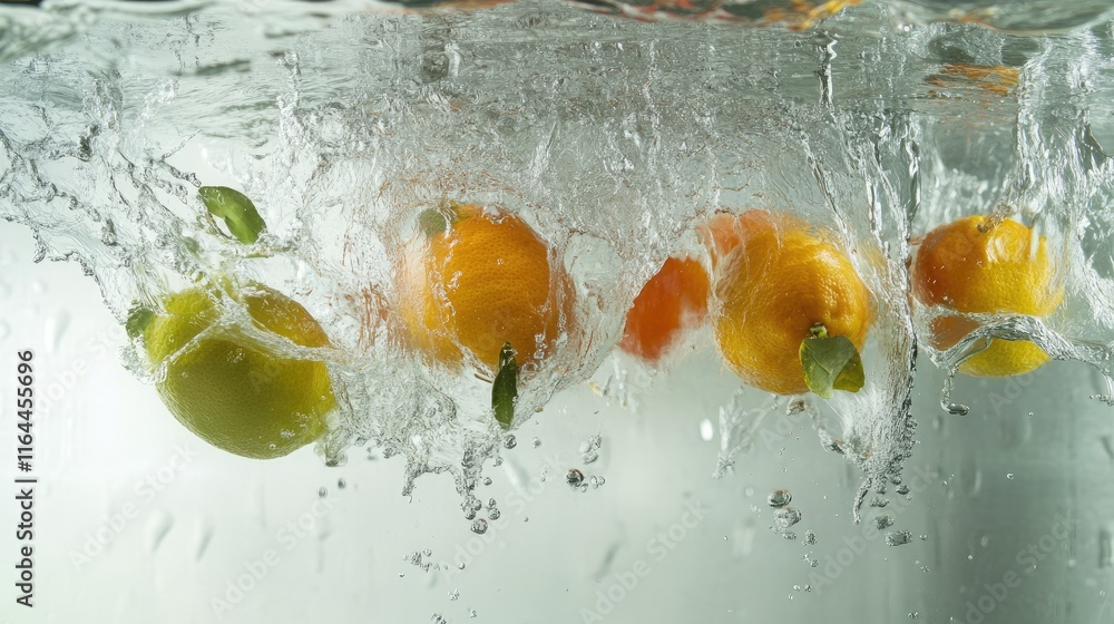 Poster citrus fruits splashing into clear water creating refreshing droplets on a bright white background