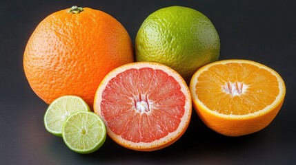 Citrus Fruit Collection featuring orange grapefruit lime and tangerine arranged on a dark...