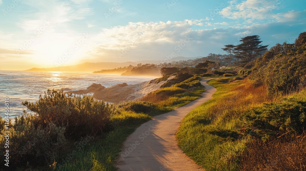 Poster coastal pathway in a serene public open space at sunset with lush greenery and ocean views.
