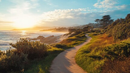 Obraz premium Coastal pathway in a serene public open space at sunset with lush greenery and ocean views.