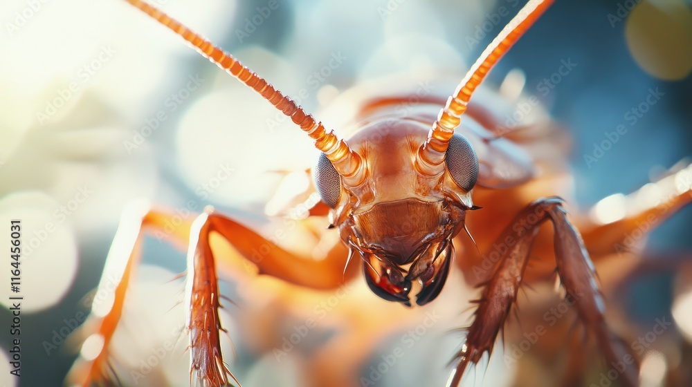 Poster detailed close-up of a cockroach on a white background showcasing its intricate features and texture