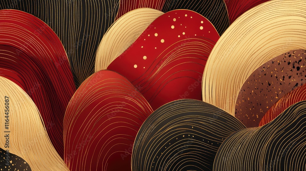 Poster hand-drawn abstract new year art with intricate overlapping patterns in festive red and gold tones.