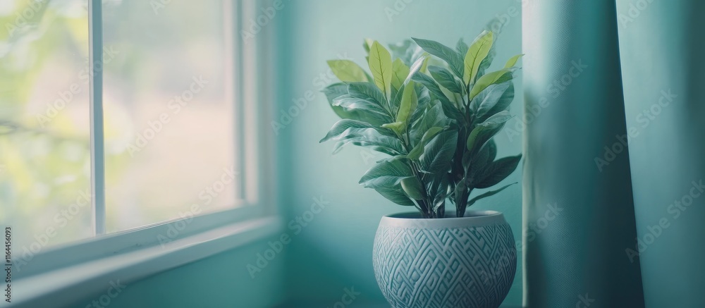 Aufkleber close up of an artificial plant in a decorative pot by a window with soft retro colors and natural l