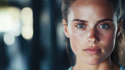 Obraz premium Focused portrait of a determined female athlete showing natural beauty and concentration in a gym environment