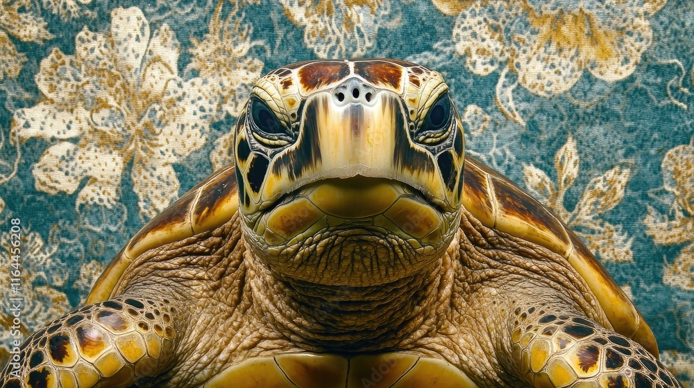 Poster portrait of an intelligent green sea turtle against a floral background showcasing its captivating e