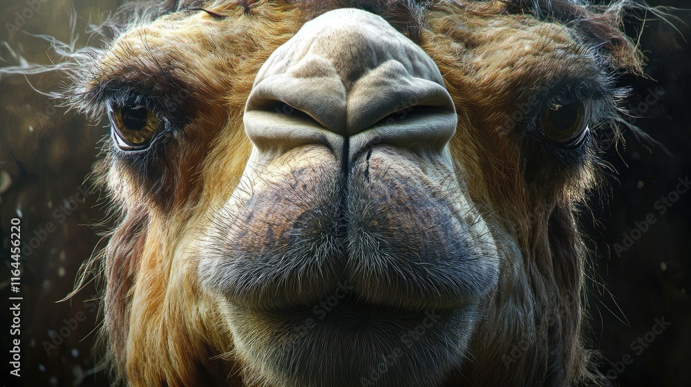 Poster close-up portrait of a camel displaying unique facial features and expressive eyes in a natural sett
