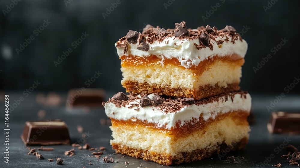 Poster caramel shortcake squares layered with chocolate and cream on a dark stone background creating an en