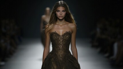 A confident model walks down the runway in an intricately designed brown evening gown, showcasing elegance and poise, Ideal for fashion magazines, advertisements, or event promotions,