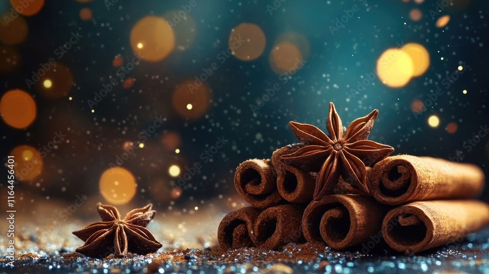 Aufkleber cinnamon sticks and star anise on textured background with bokeh highlights creating a warm and invi