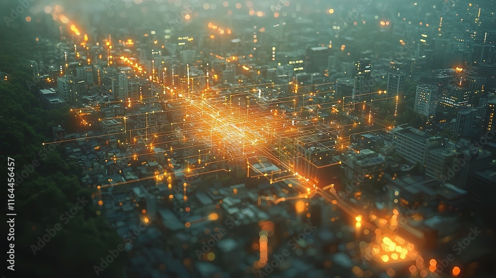 Poster aerial view of futuristic smart city with energy flow lines connecting buildings and renewable sourc