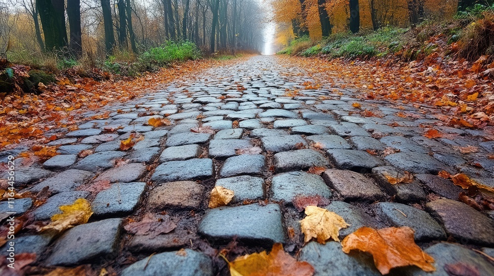 Poster autumn cobblestone road covered with colorful leaves creating a serene fall atmosphere in a tranquil