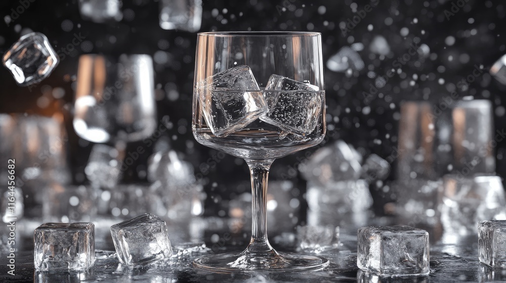 Poster A refreshing cocktail poured into a glass surrounded by flying ice cubes creating a dynamic and cool atmosphere