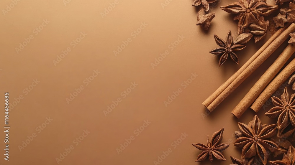 Poster cinnamon sticks and star anise arranged on a brown background with ample copy space for text or desi