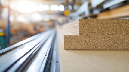 Detailed view of stacked MDF boards in a modern factory setting with soft background focus on industrial machinery and wood processing equipment