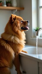 Adult Chow Chow standing in front of a sink with running water, looking up at the faucet, canine spa, dog hygiene, dog grooming