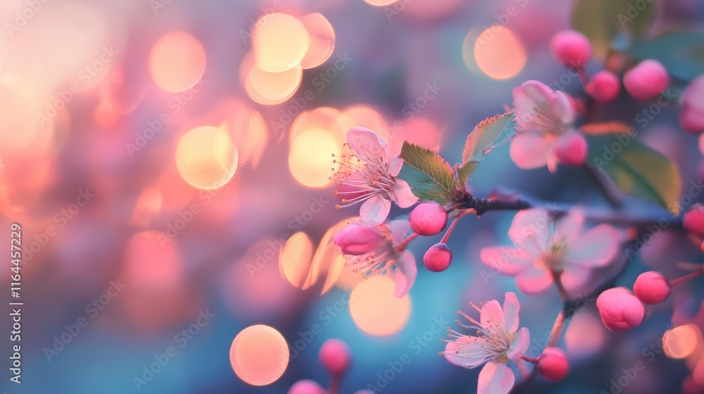 Poster blossoming cherry tree branches with pink flowers and soft bokeh background creating a dreamy vintag