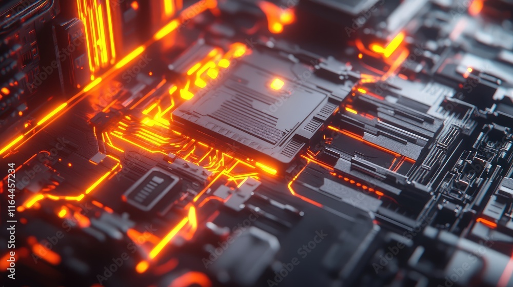 Poster close up view of a high-tech server rack featuring illuminated orange cables and detailed hardware c