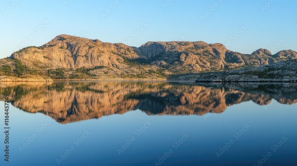 Poster coastal granite mountains reflecting in the calm waters of a fjord at daybreak creating a serene and