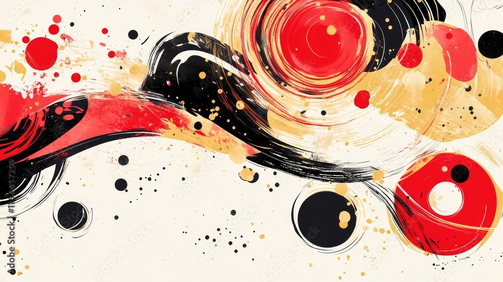 Fototapete hand-drawn abstract new year composition with playful swirls and strokes of red and gold.