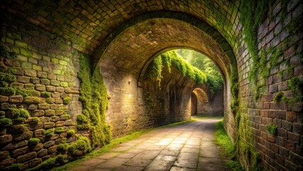 Enigmatic Brick Tunnel Pathway, Overgrown with Lush Greenery and Bathed in Sunlight