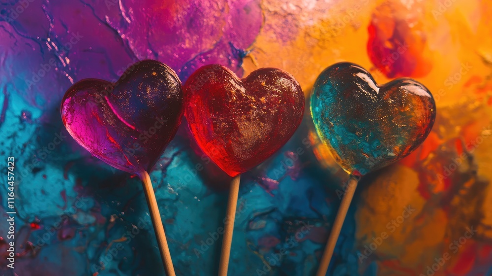 Poster colorful heart shaped lollipops arranged on a vibrant abstract background creating a playful and rom