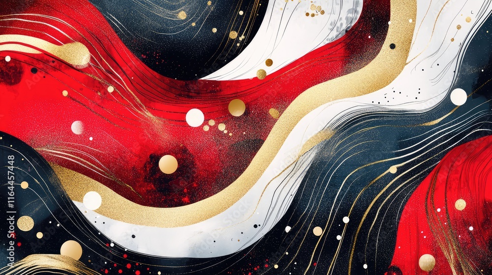 Fototapete hand-drawn abstract new year composition with playful swirls and strokes of red and gold.