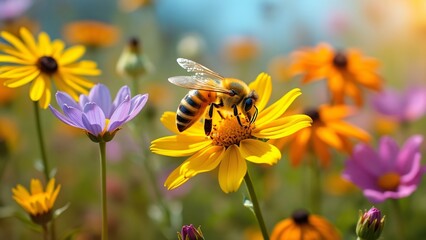 Vibrant Sunlit Meadow, Honey Bee on Coreopsis and Lavender Wildflowers