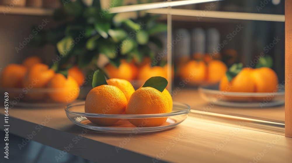 Poster vibrant citrus fruits elegantly displayed on a wooden shelf with reflections creating a warm and inv