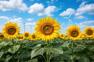 Fototapeta premium Sunflowers in Field with Wind Turbines and Blue Sky Landscape