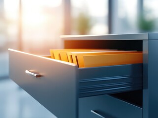 Close-Up of Yellow Documents in a Gray File Cabinet