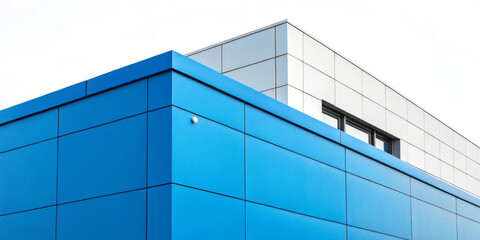 A modern building features a sleek, minimalist design with large blue and gray panels. The structure's clean lines and geometric shapes create a striking visual contrast.AI generated.