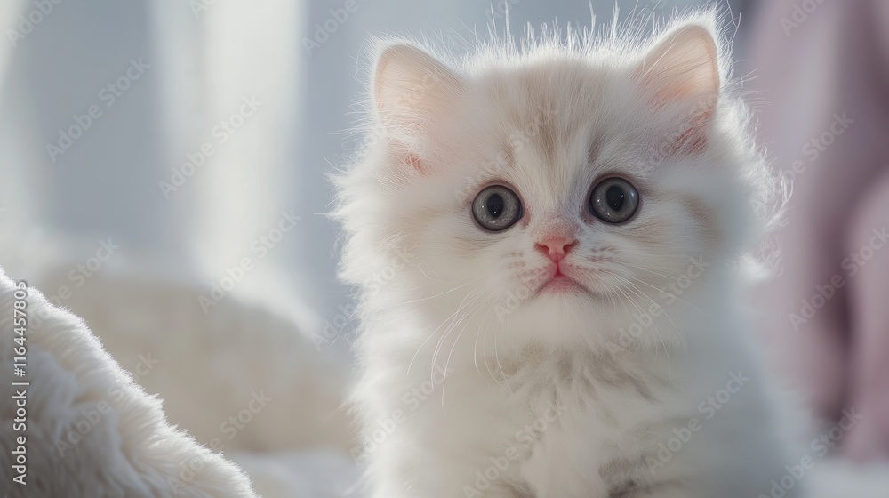 Poster close up portrait of an adorable fluffy kitten with large eyes displaying curiosity and alertness in