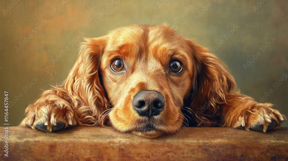 Poster adorable cocker spaniel with expressive eyes resting on a surface in a warm and inviting setting