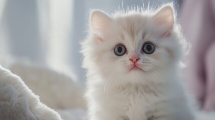 Close up portrait of an adorable fluffy kitten with large eyes displaying curiosity and alertness in soft natural lighting