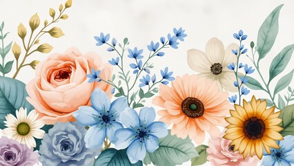 Fototapeta premium Soft Focus Watercolor Floral Pattern, Delicate Forget-Me-Nots, Roses, Gerbera Daisies & Sunflowers in Pastel Ombre Hues