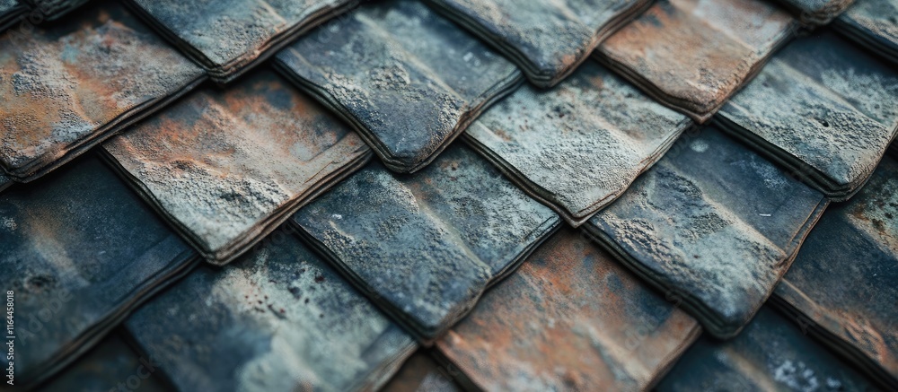 Poster textured tiled roof close up highlighting intricate patterns and colors of architectural details in 