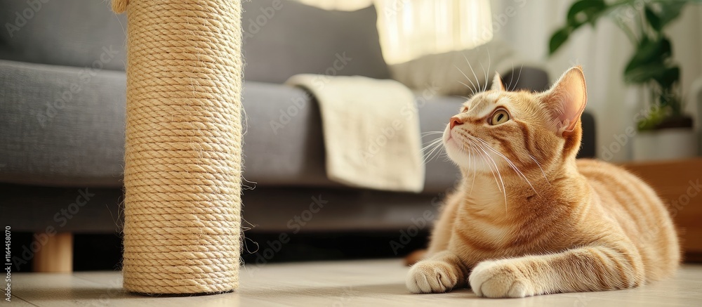Poster curious cat lounging near a scratching post in a cozy home setting highlighting playful behavior and
