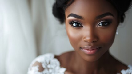 Elegant bridal portrait of a black female bride in a white dress showcasing natural beauty and serene expression with soft background.