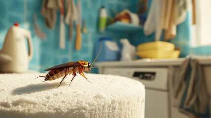Cockroach on sponge in kitchen highlighting pest contamination and hygiene issues with dirty dishes in a domestic environment