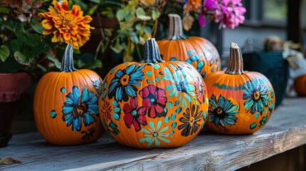A collection of creatively painted pumpkins adorned with vibrant floral designs sitting on a rustic wooden table. The pumpkins exhibit shades of orange with intricate blue, red, and green flower patte