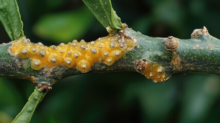Citrus canker disease effects on citrus tree stem showing distinct yellow-orange lesions and abnormal growths on foliage
